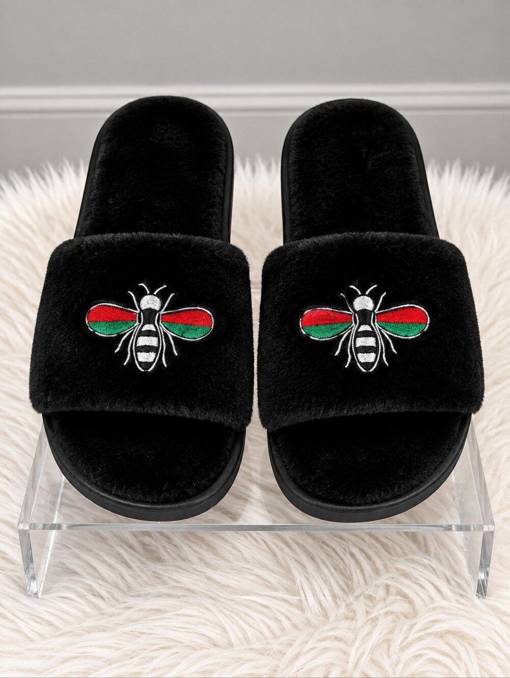 Plush Black Indoor/Outdoor Slippers with Embroidered Red and Green Bee